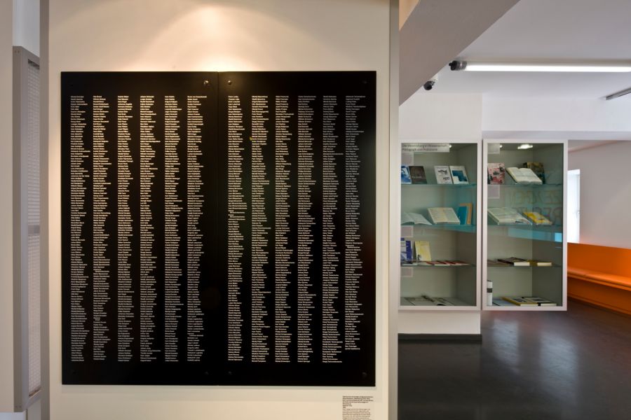 Der Anblick dieser Tafel (aus dem Jahr 1992) erschüttert immer wieder neu: Sie stammt aus der ehemaligen zeitgeschichtlichen Dokumentation „Wewelsburg 1933 – 1945. Kult- und Terrorstätte der SS“ und listet die Namen der Opfer des Konzentrationslagers in Wewelsburg auf (Foto: Matthias Groppe für das Kreismuseum Wewelsburg)